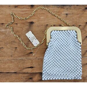 VTG New Whiting & Davis White Metal Mesh Kisslock Handbag Purse Deadstock USA